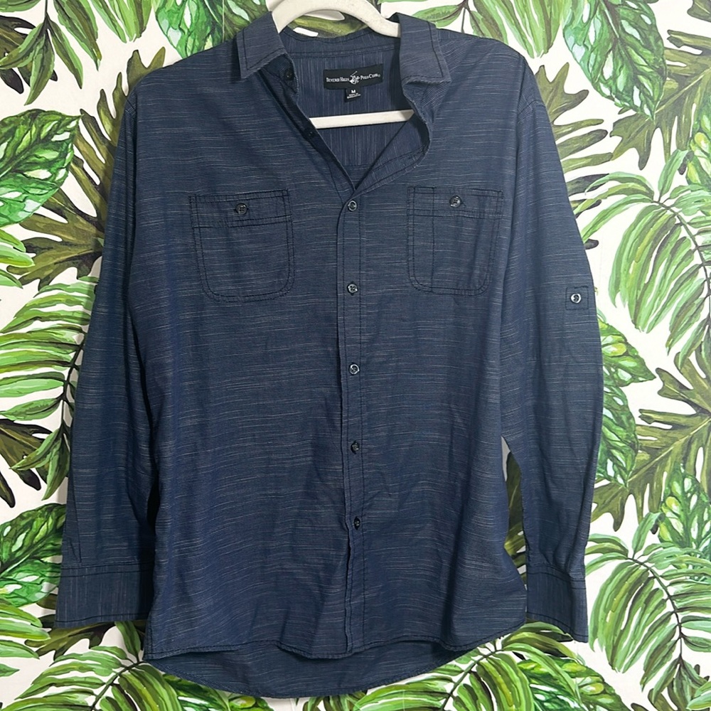 Men's Blue Button Up Polo Dress Shirt